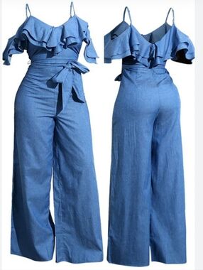 Women’s Blue Off-Shoulder Wide-Leg Jumpsuit XL
